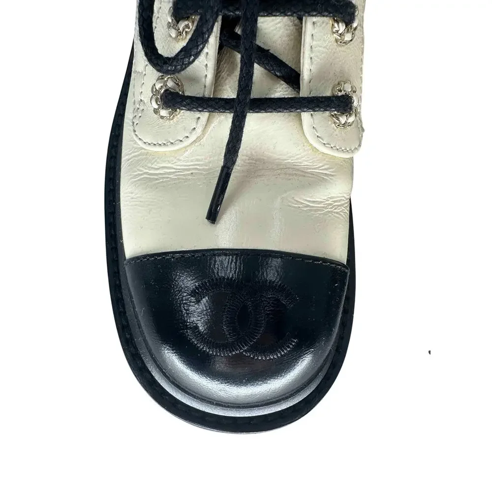 Chanel Goatskin Quilted Chain CC Cap Toe Lace Up Combat Boots Ivory Women's 37.5